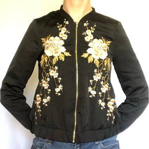 Design Lab Floral Embroidered Bomber Jacket XS Black with Peach, Orange, White